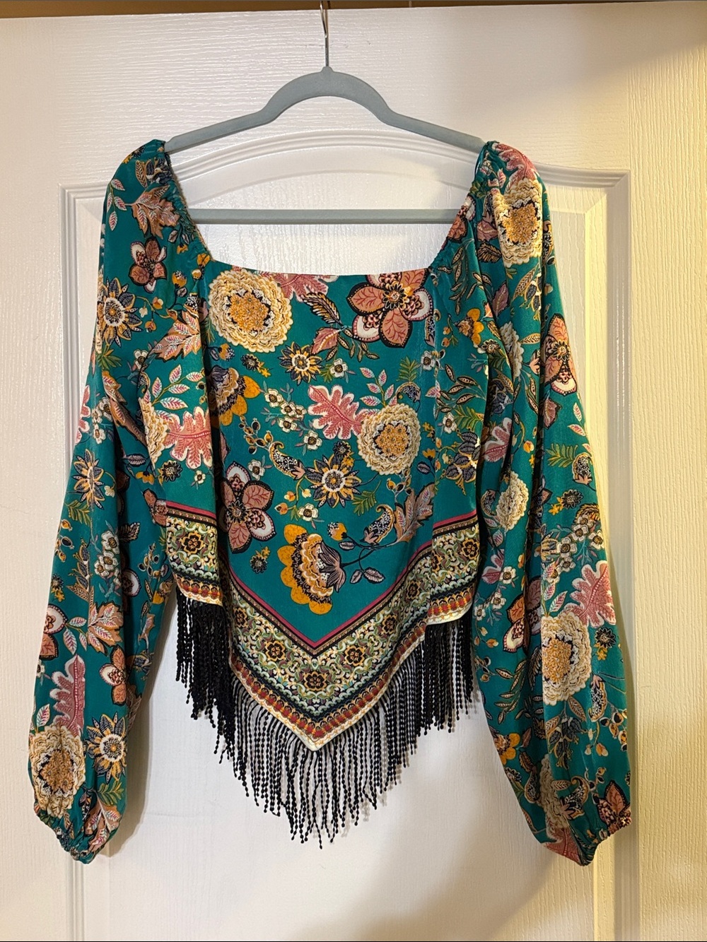 Buckle Teal Floral Fringe Boho Long-Sleeve Blouse